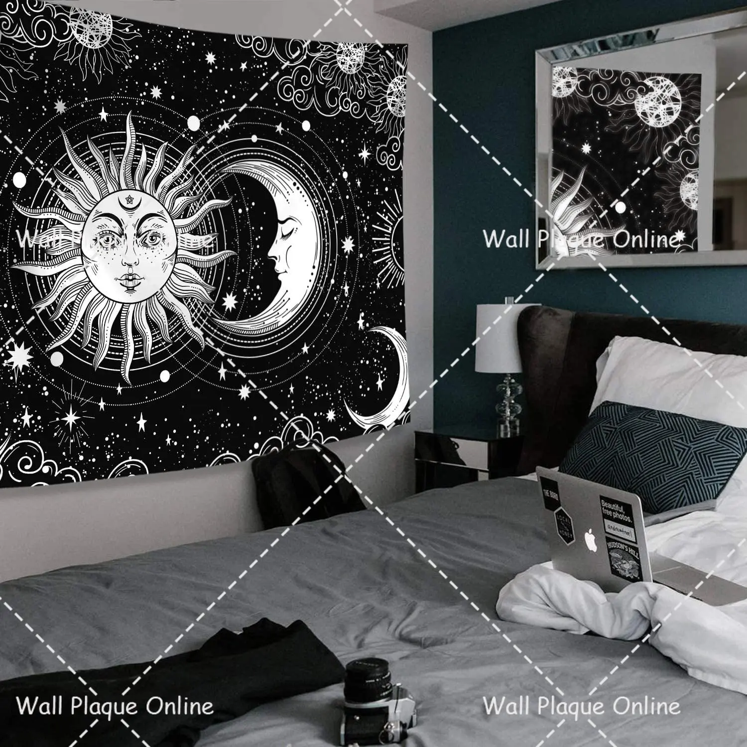 Sun and Moon Tapestry Burning Sun with Star Black and White Mystic Wall Hanging 