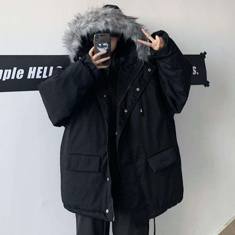 preto harajuku gola de pele parka solto