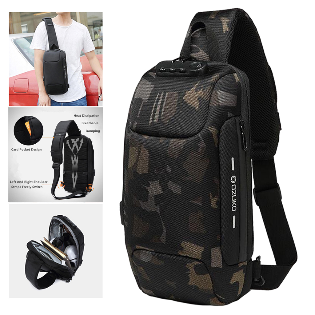 Sling Bag Shoulder Waterproof with USB Charging Port for Men  camouflage