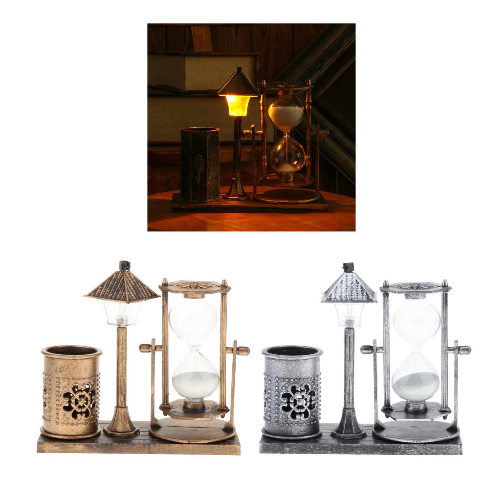 Retro Street Lamp Hourglass Crafts Sand Glass Clock Pen Holder Table Decor