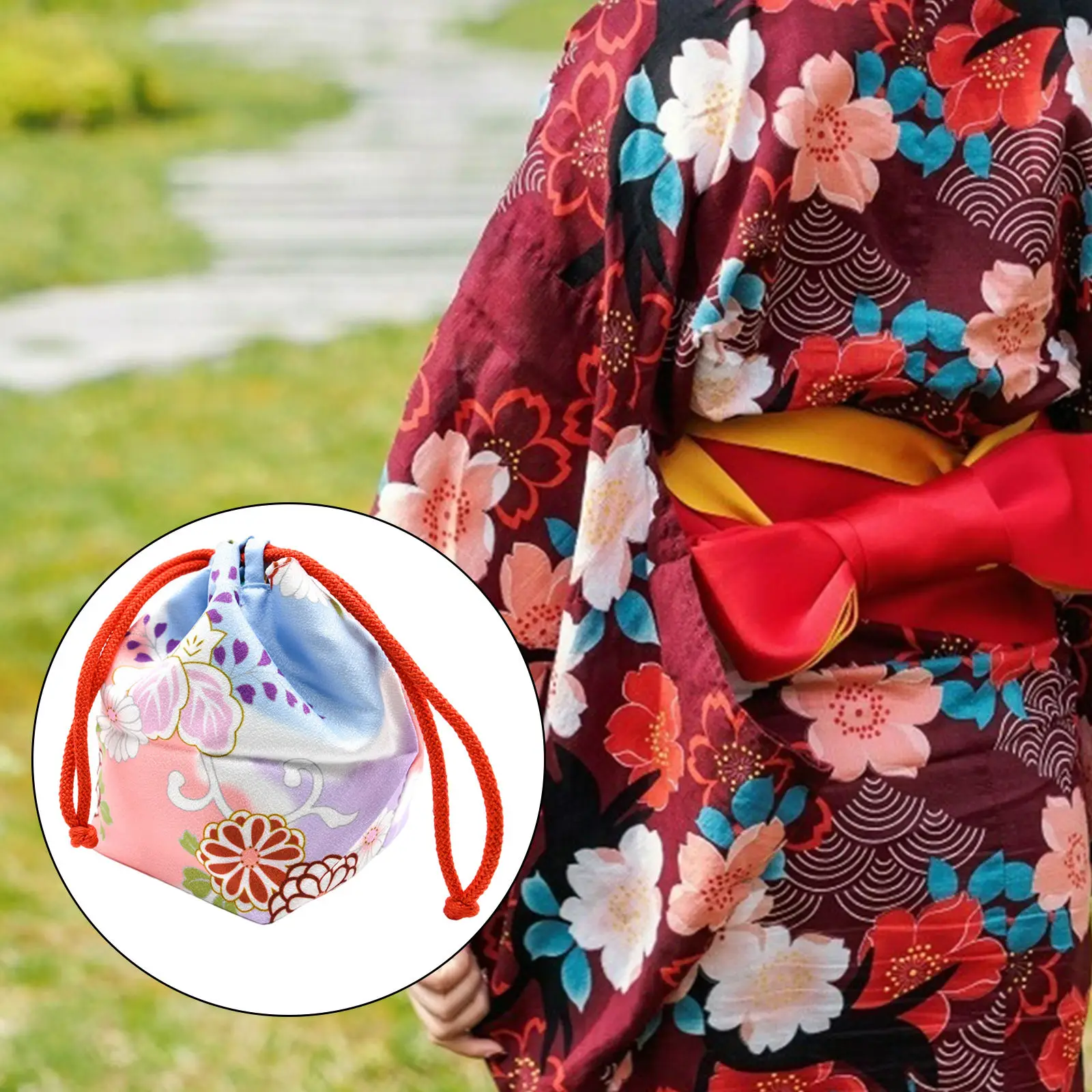 Sakura Japanese Drawstring Bag Girls Yukata Robe Wedding Cosplay Travel Cosmetic Coin Purse Home Lunch Bag Handbag Phone Pouch
