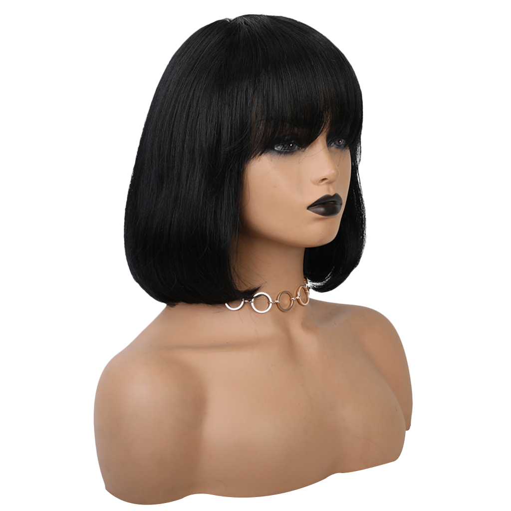 Women Short Bob Middle Part Wigs with Flat Bangs Straight Human Hair Flapper Cosplay Full Head Wig 12’’