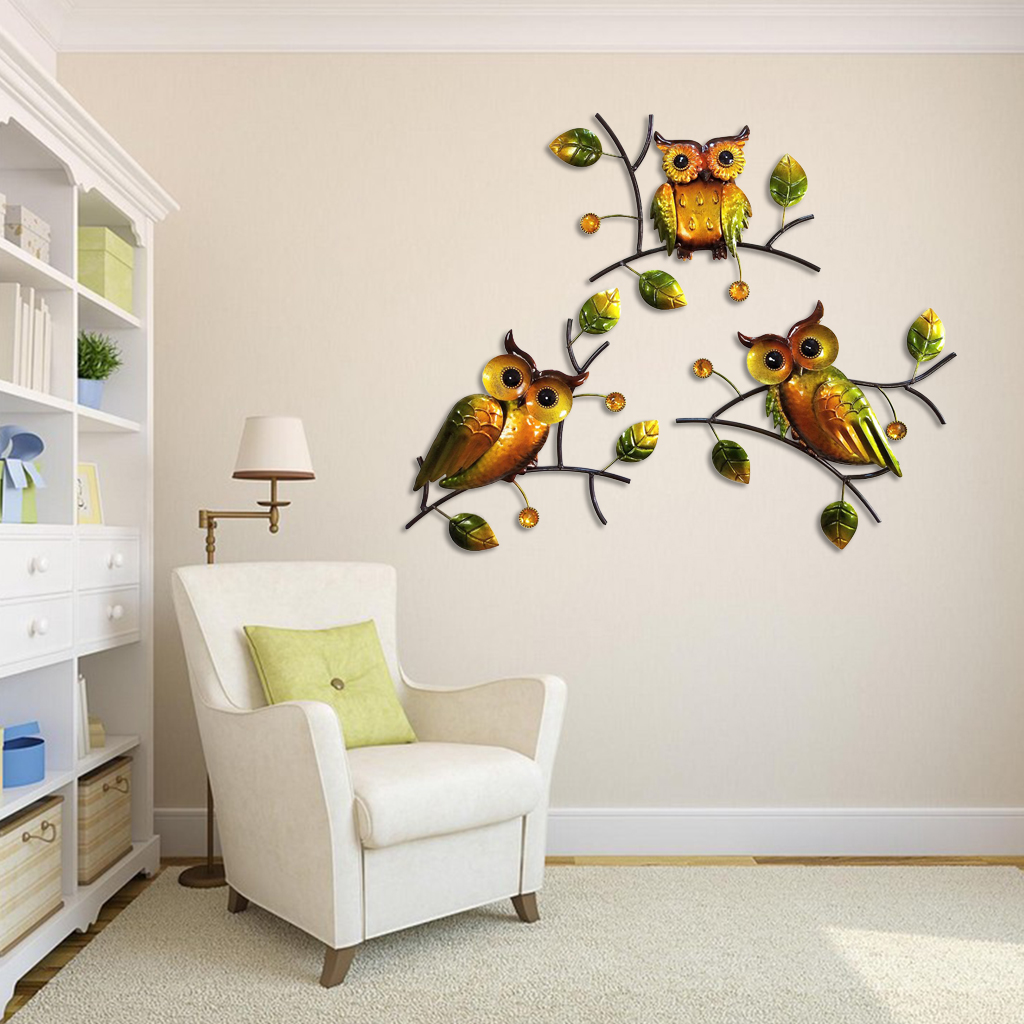 3pcs Wall Hanging Metal Owl Sculpture Wall Art Decor, Nursery Kid's Room Bas