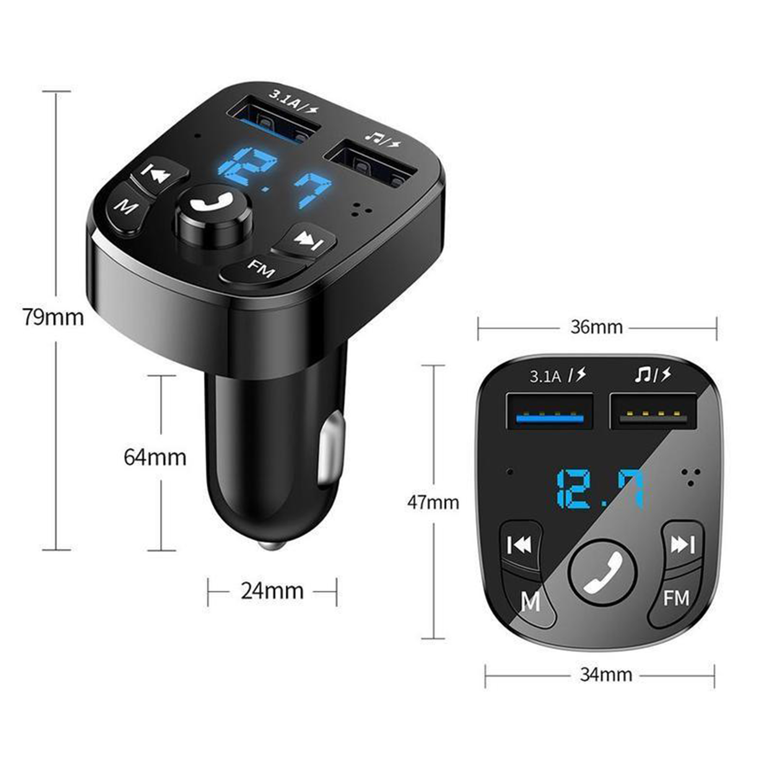 Universal Radio Receiver Handsfree Call Car Charger Bluetooth FM Transmitter 2 inch LED Screen 12V/3.1A for All Smartphones
