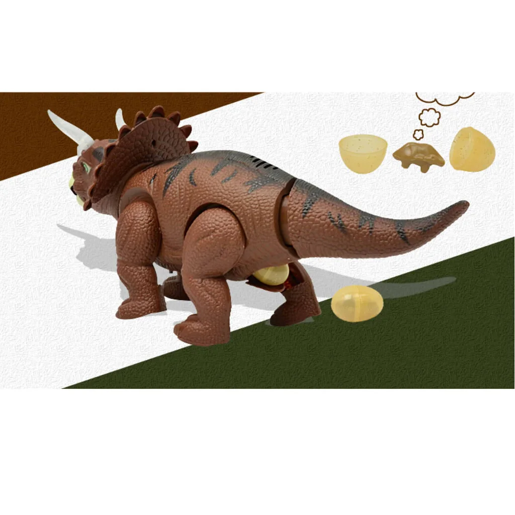 Walking Laying Egg Triceratop Battery Powered Dinosaur Sound Light Toy Brown