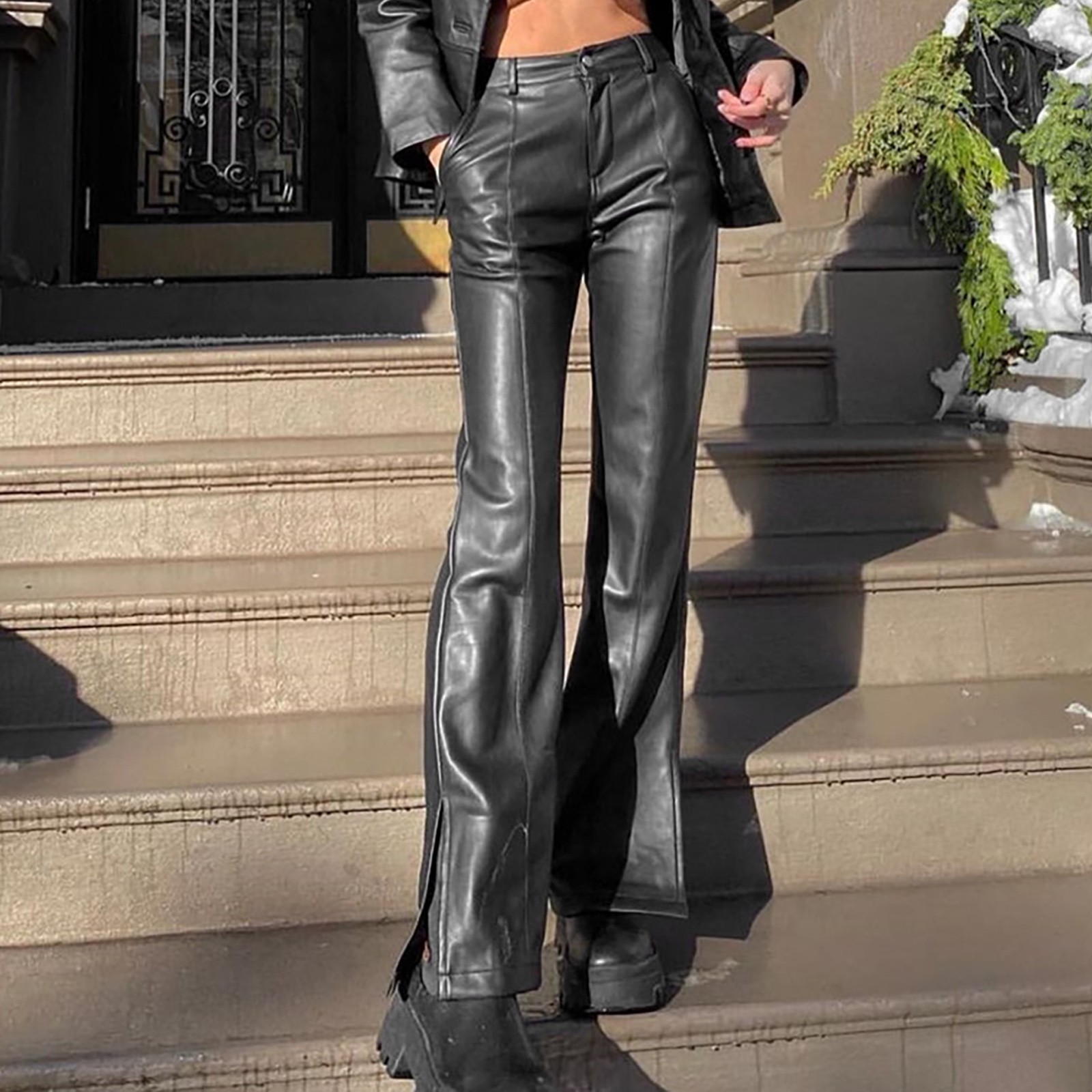 Leather Flare Trouser Women Solid 