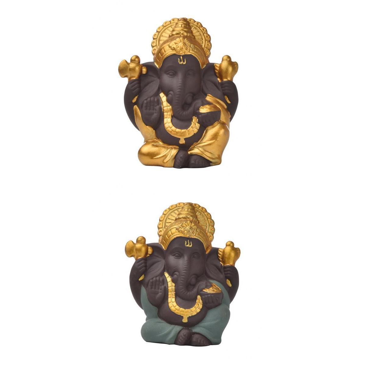2pcs Crafts Ganesha Statue Elephant God Figurine Ornaments for Desktop Shelf