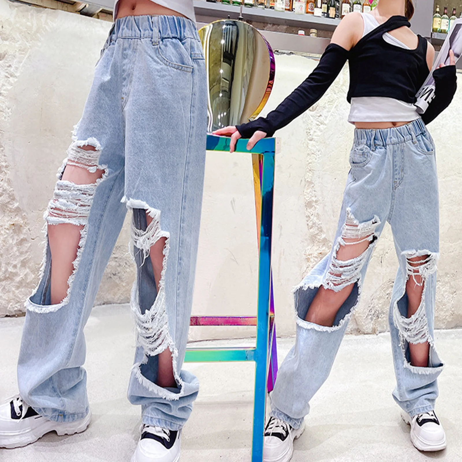 Aislor Kids Girls Stretch Ripped Distressed Denim Pants Retro Washed Elastic Waist Wide Leg Jeans Casual Denim Trousers 