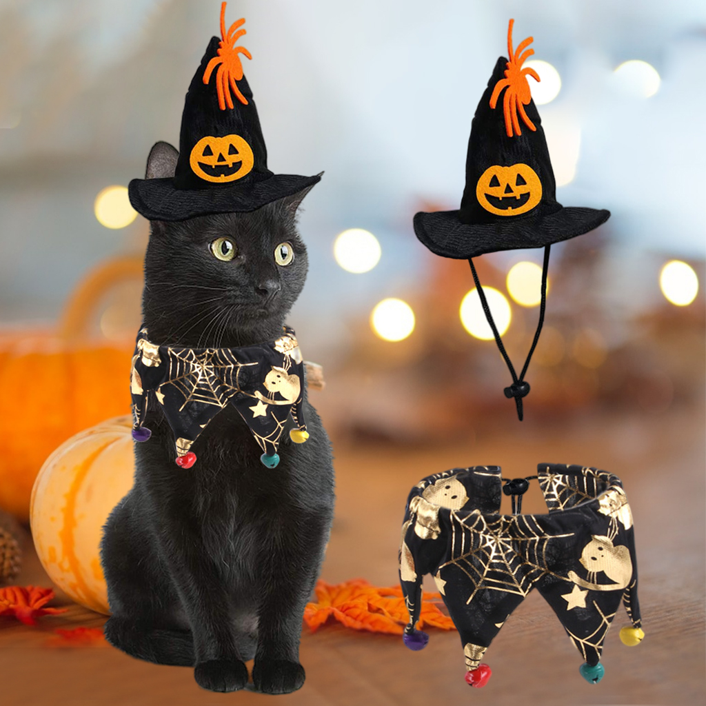 Soft Dog Cat Hat Scraf Wizard Halloween Costumes Pumpkin Spider Bells Holiday Festival Apparel Funny Pet Supplies