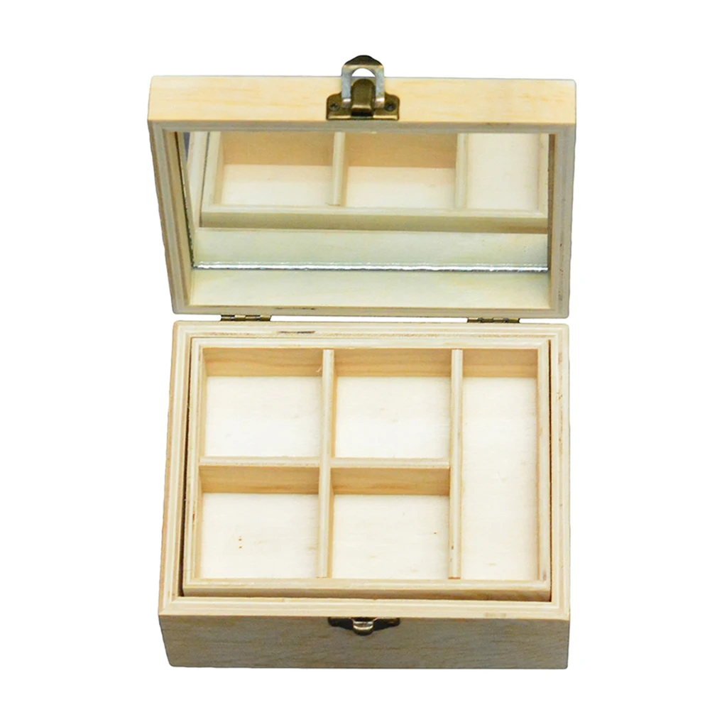 Natural Plain Wood Box Wooden Jewelry Decoupage Storage Box with Mirror Tray