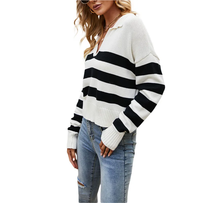 turtleneck sweater Autumn Women Color Block Knitting Top Casual Loose Sweater Striped Turn-down Collar Long Sleeve Knit Pullover short sleeve cardigan
