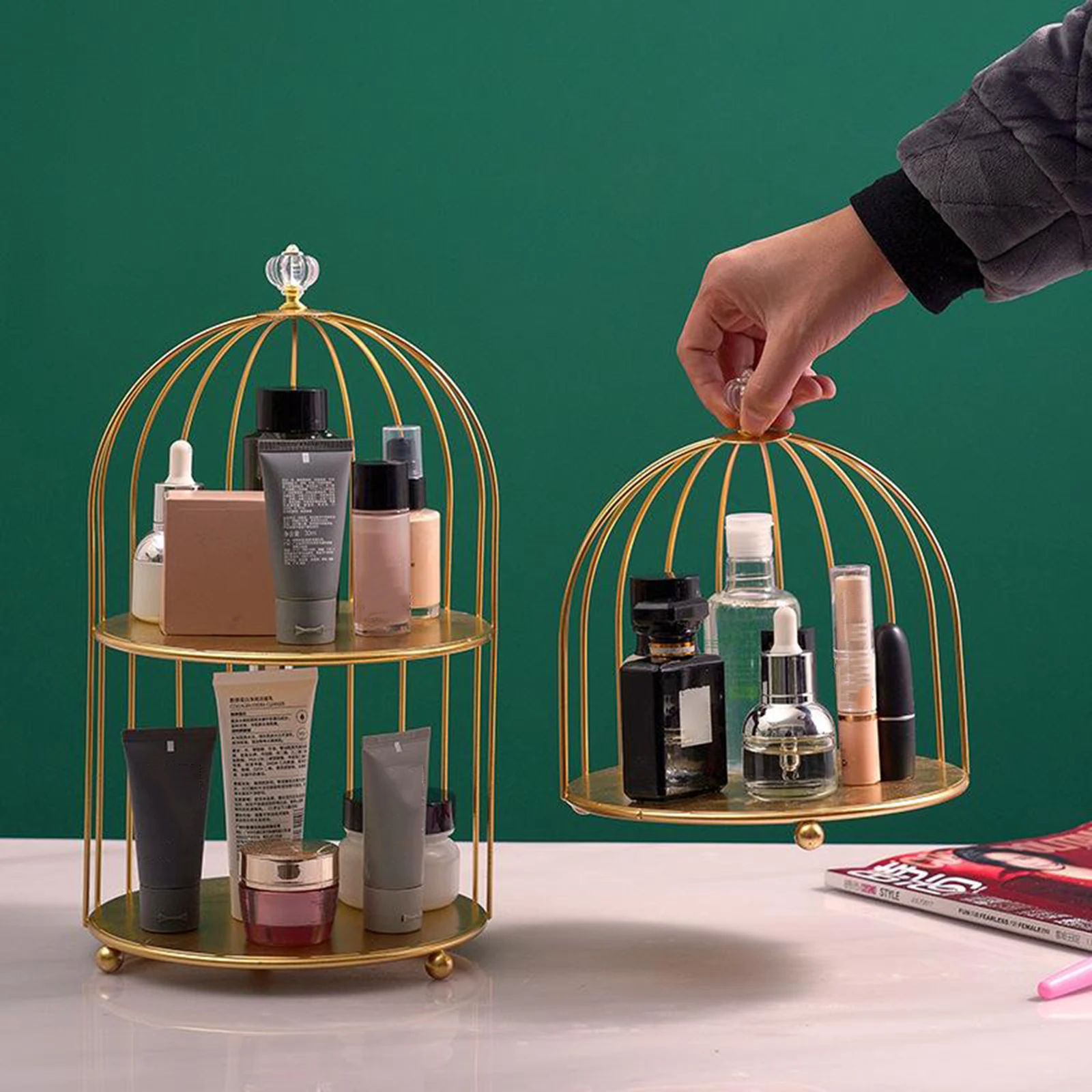 Nordic Bird Cage Desktop Organizer Cosmetic Makeups Display Spice Jar Rack Skincare Organise Jewellery Display Holde