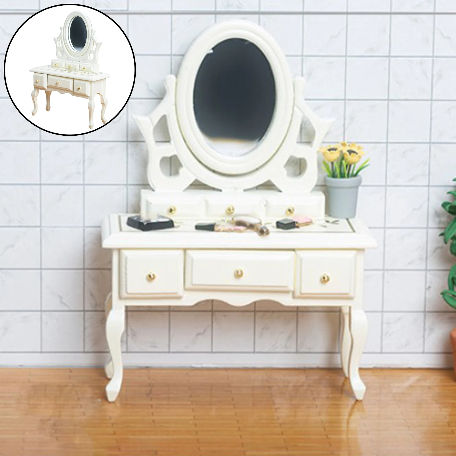 Plywood Dresser Table Chic Antique Mirror Makeup Vanity Table 12th Doll House Creative Modern Furniture Model Accessory Toys