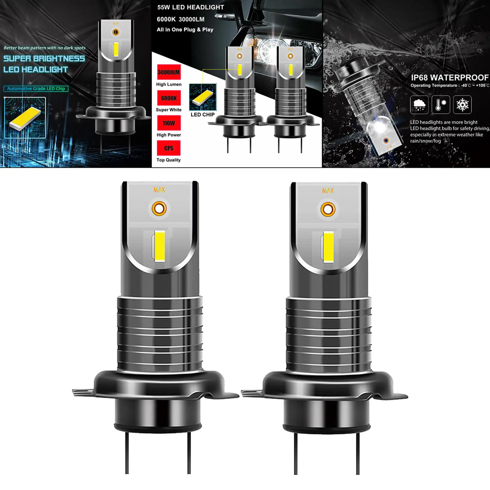 2Pcs H7 110W 5050 CSP LED Headlight Bulbs 26000LM Car Headlamp Adjustable