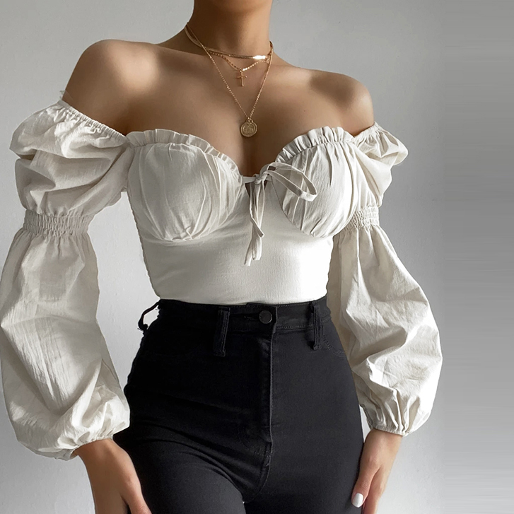 off shoulder white puff sleeve top