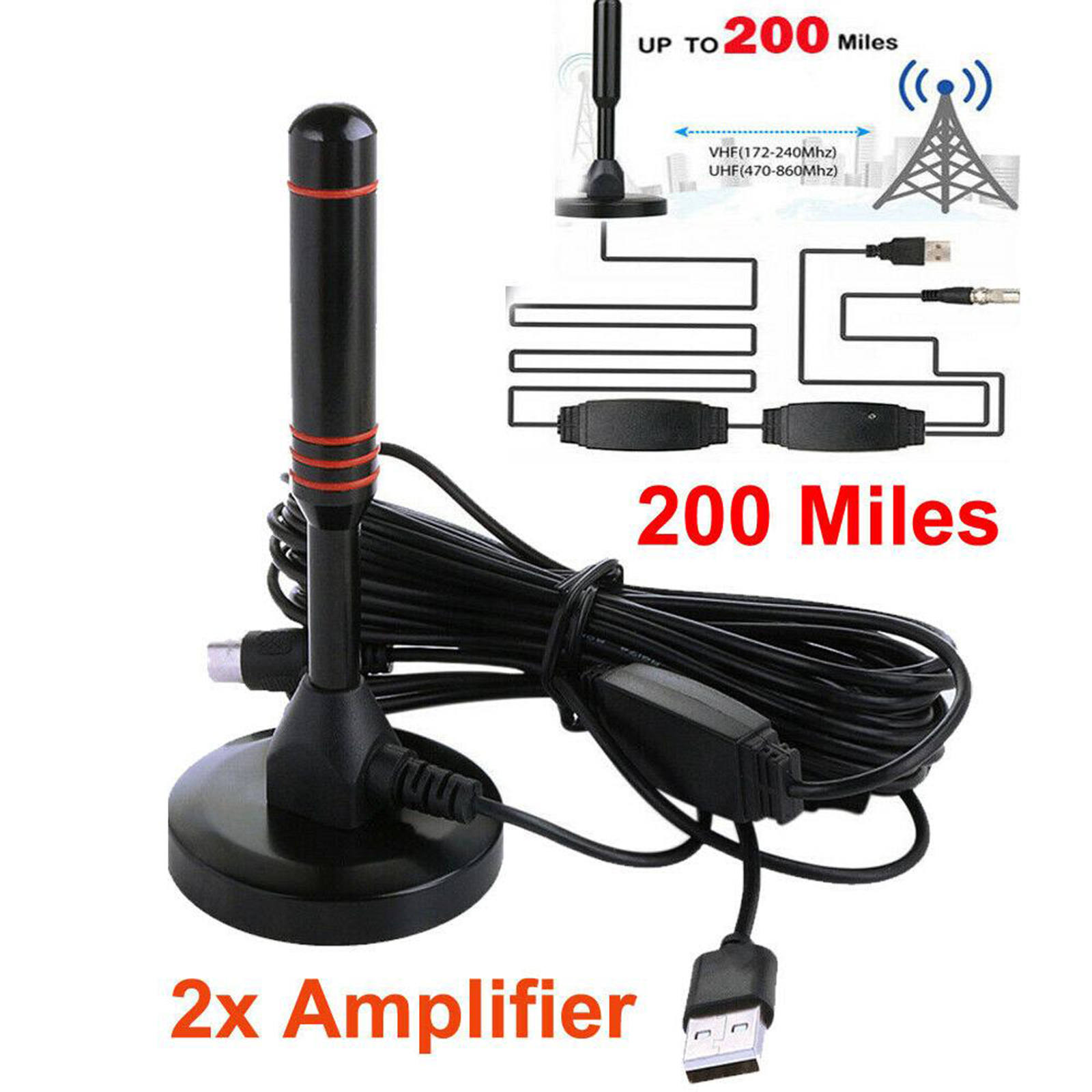 Long 200 Miles Range TV Antenna with Amplifier ATSC/DMB-T/ISDB-T for Tuner VHF/UHF Local Channels