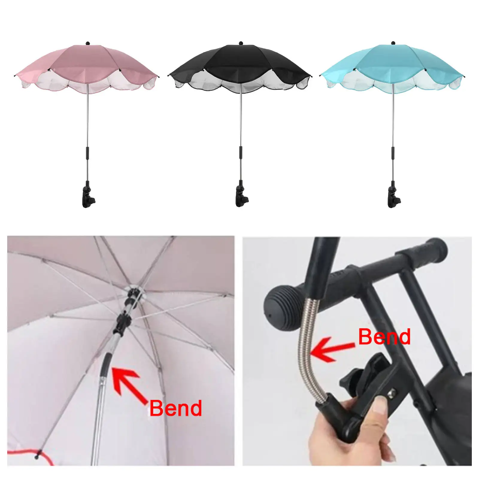 Adjustable Baby Stroller Umbrella Clamp-On Shade Folding 360 Degree Rain Flexible Sunshade Canopies for Pram Buggy Pushchair