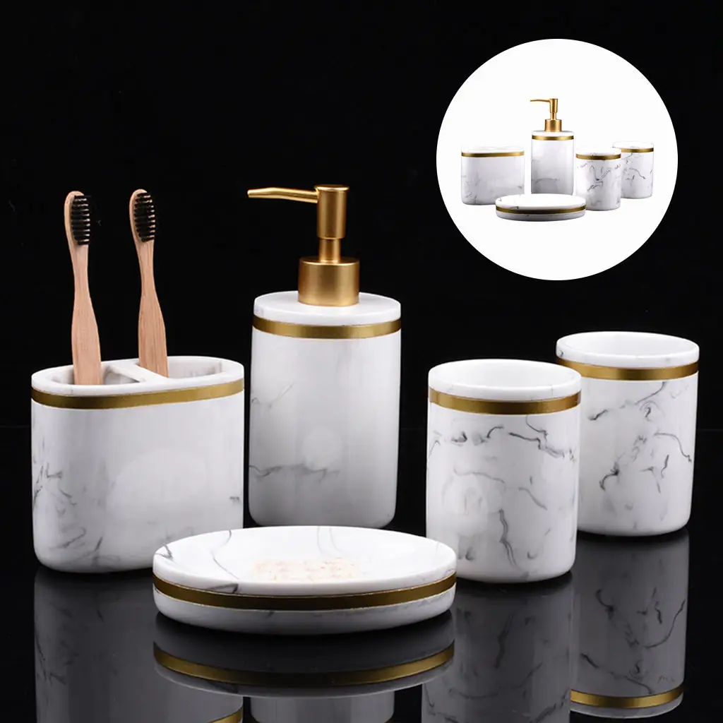Bathroom Accessories Set 5Pcs Marble Look Toothbrush Holder Liquid Soap Dispenser, 2 Colors Optional