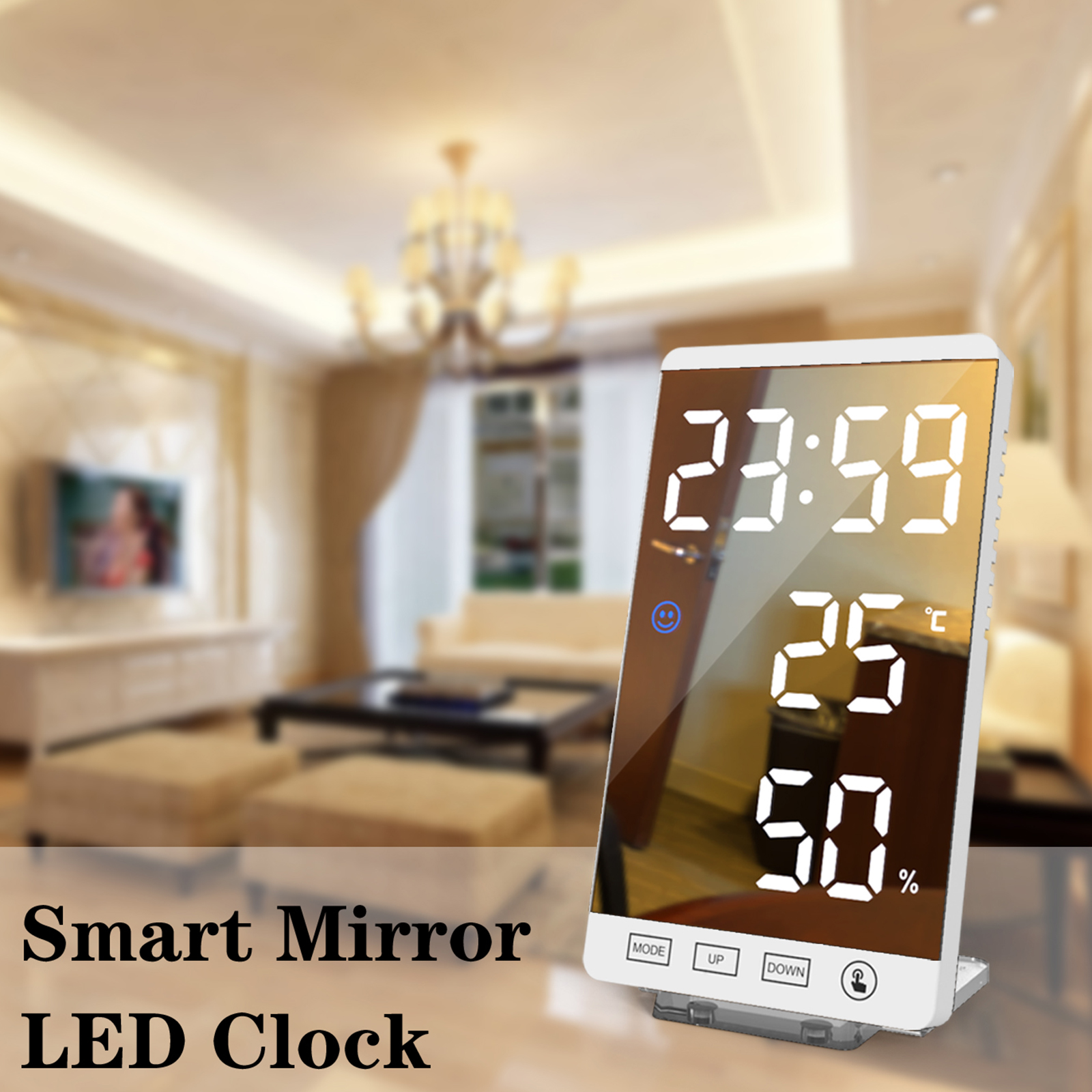 6 Inch LED Mirror Alarm Clock Touch Button Wall Digital Clock Time Temperature Humidity Display USB Output Port Table Clock