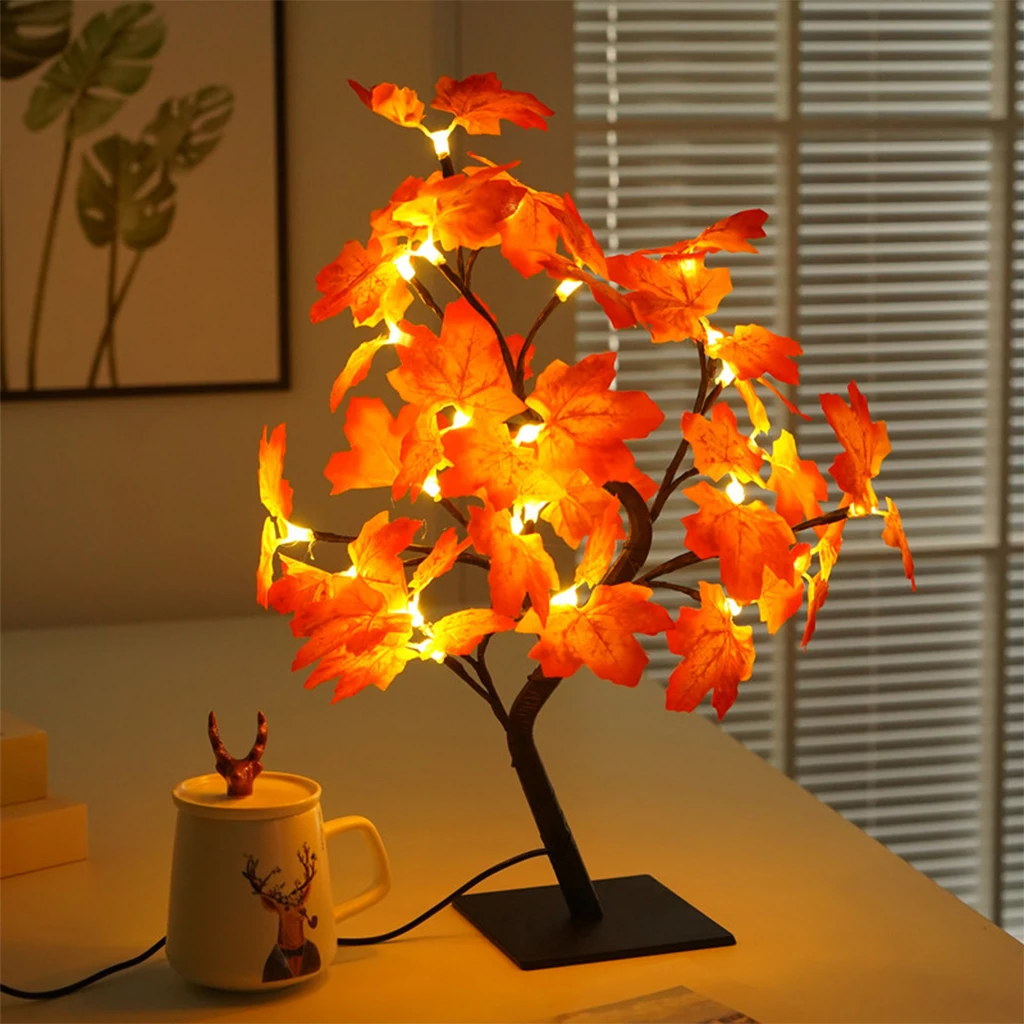 LED Autumn Leaves Tree Light Indoor Holiday Parties Thanksgiving Christmas Decoration Centerpiece Decor Maple Leaf Tree Lamps