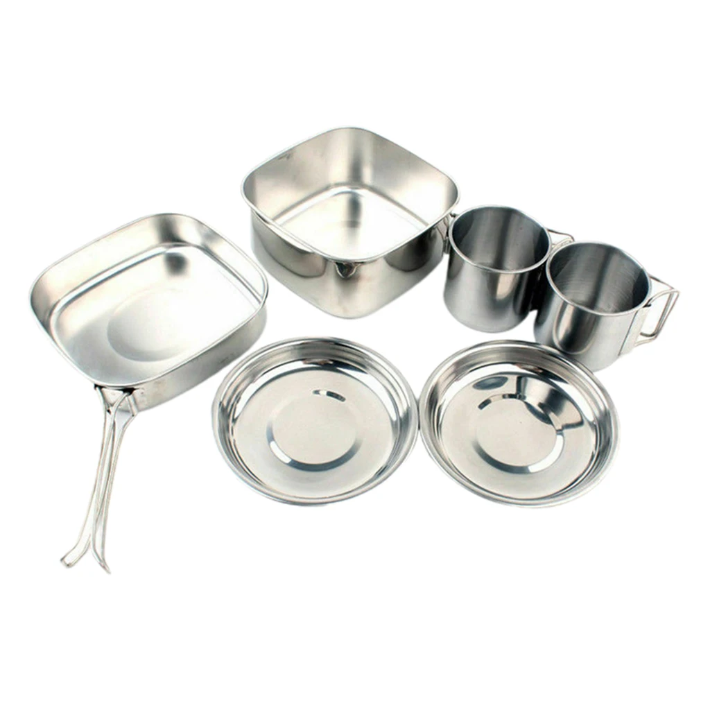 6x Stainless Steel Camping Cookware Cooking Long Handle Wok Tableware Cup Sets