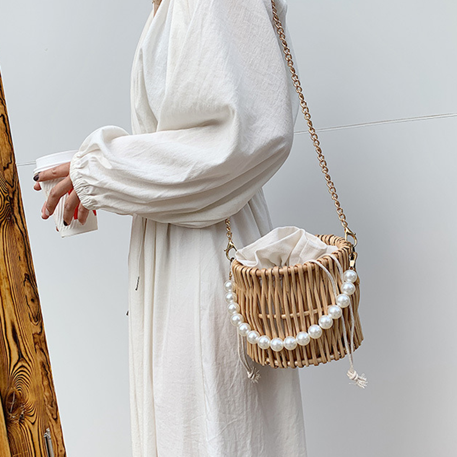 Senhora mão tecido rattan palha saco boho