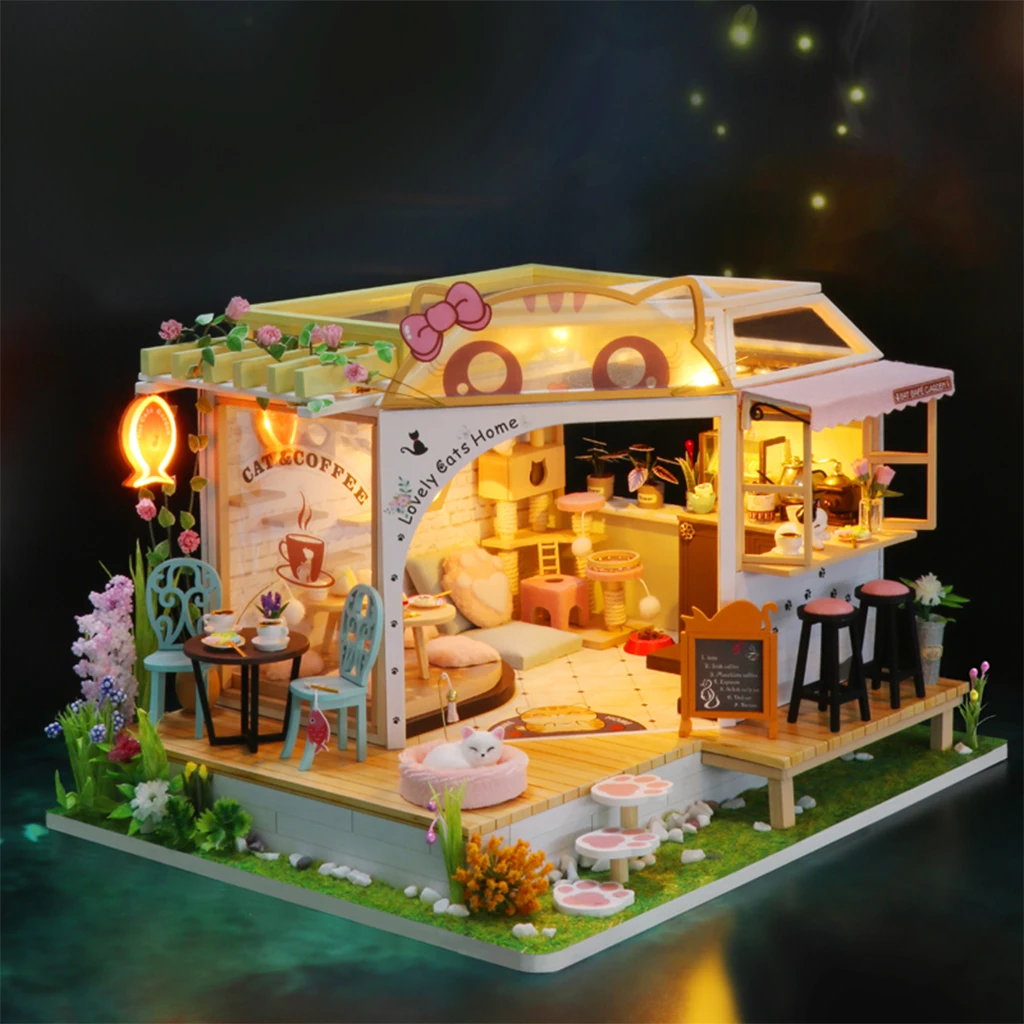 Dollhouse Cat Coffee Shop Kit LED Light Wooden 3D Puzzles Self Assembly