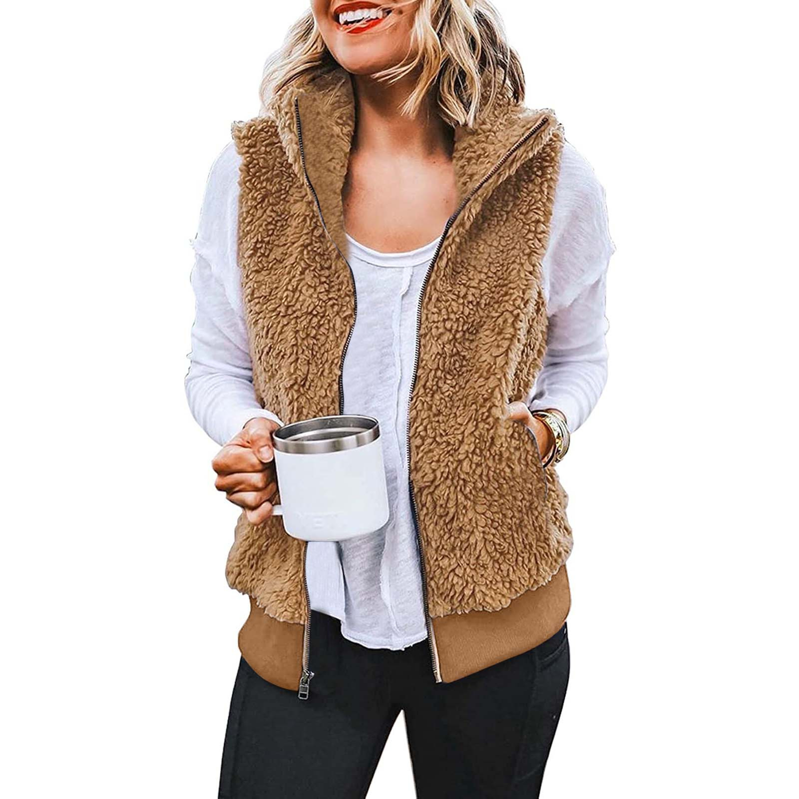 womens sherpa fleece outwear coletes outono inverno quente casaco peludo com bolsos zip up sem mangas colete de lã artificial