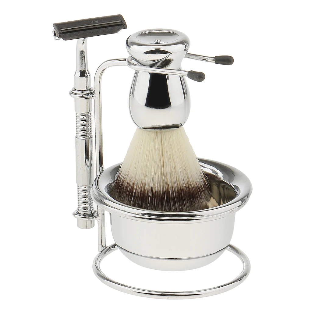 Mens Beard Shaving Grooming Kit with Brush Straight  Bowl Safety Stand