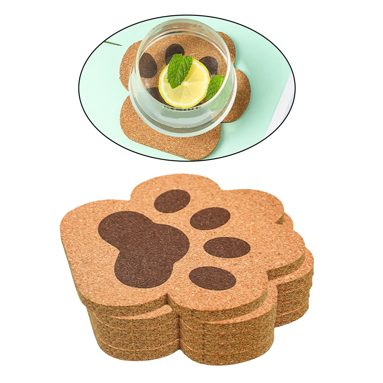 Set of 5 Cork Coaster Cat Paw 5 inch Heat Resistant Tea Mat for Home Idea Gift Wine Beer Glass