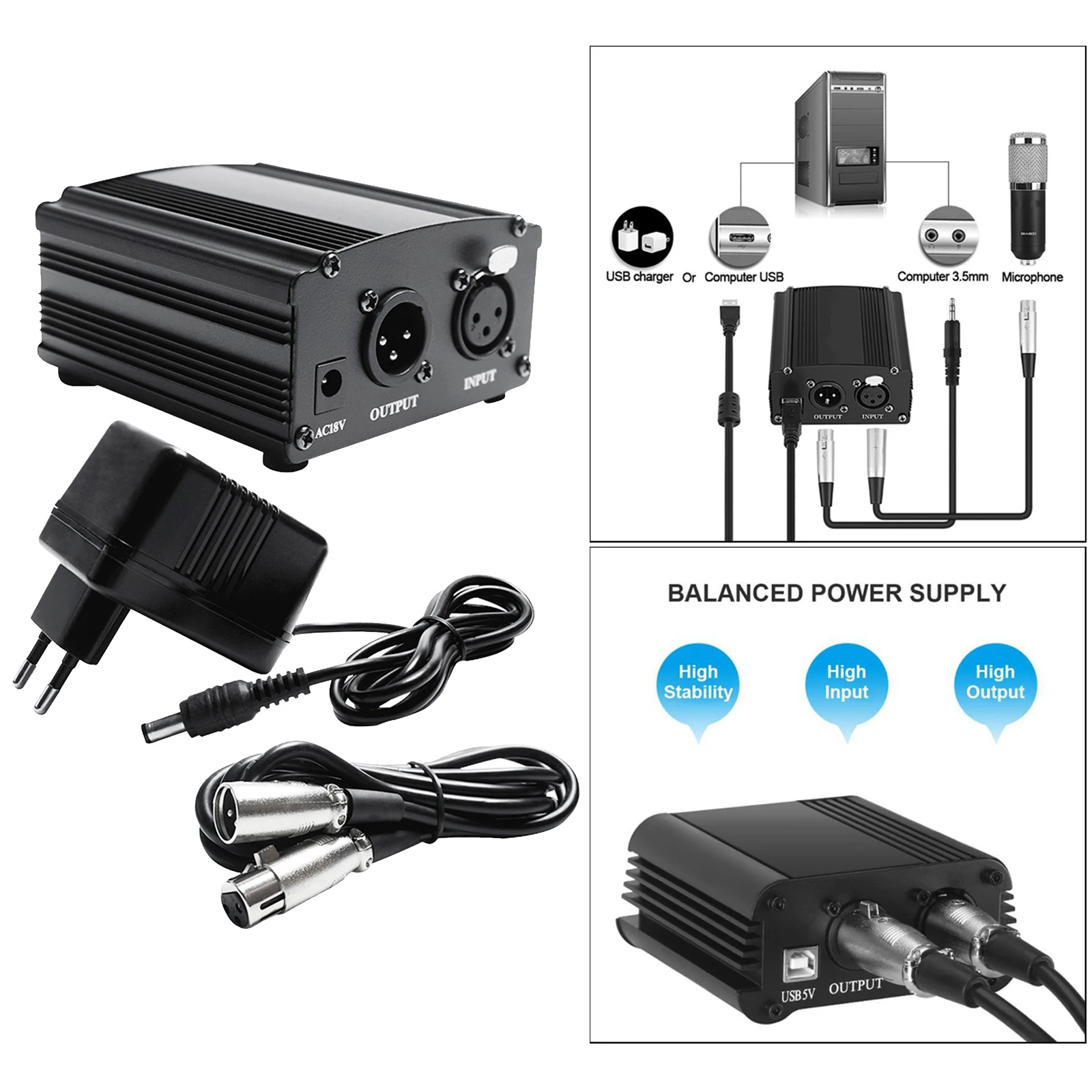 48V Phantom Power Supply with Charging Cable for Microphone Device Equipment