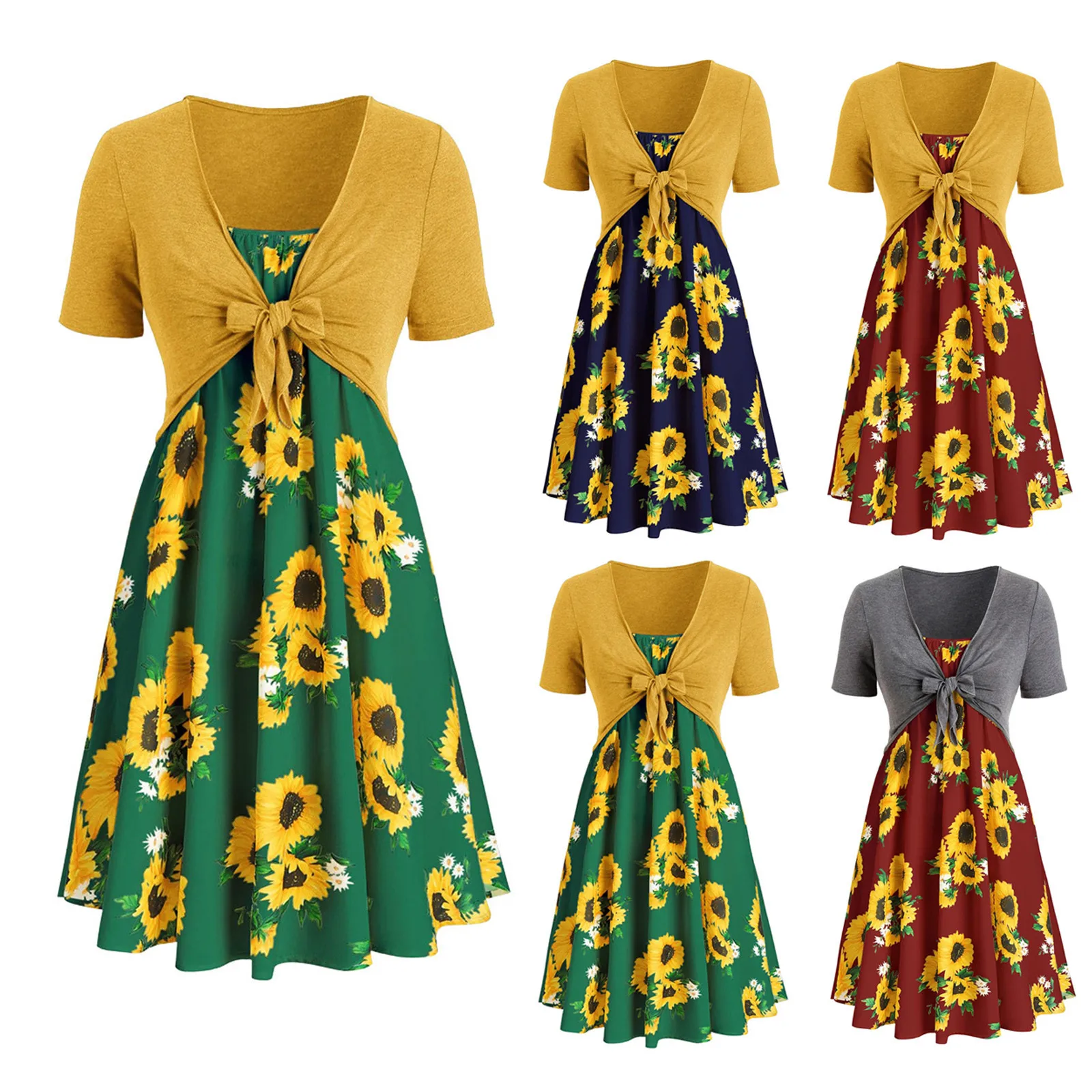 Dresses for Women Casual Summer,Short Sleeve Bow Knot Cover Up Tops Sunflower Strap Midi Dress Pleated Sun Dresses 