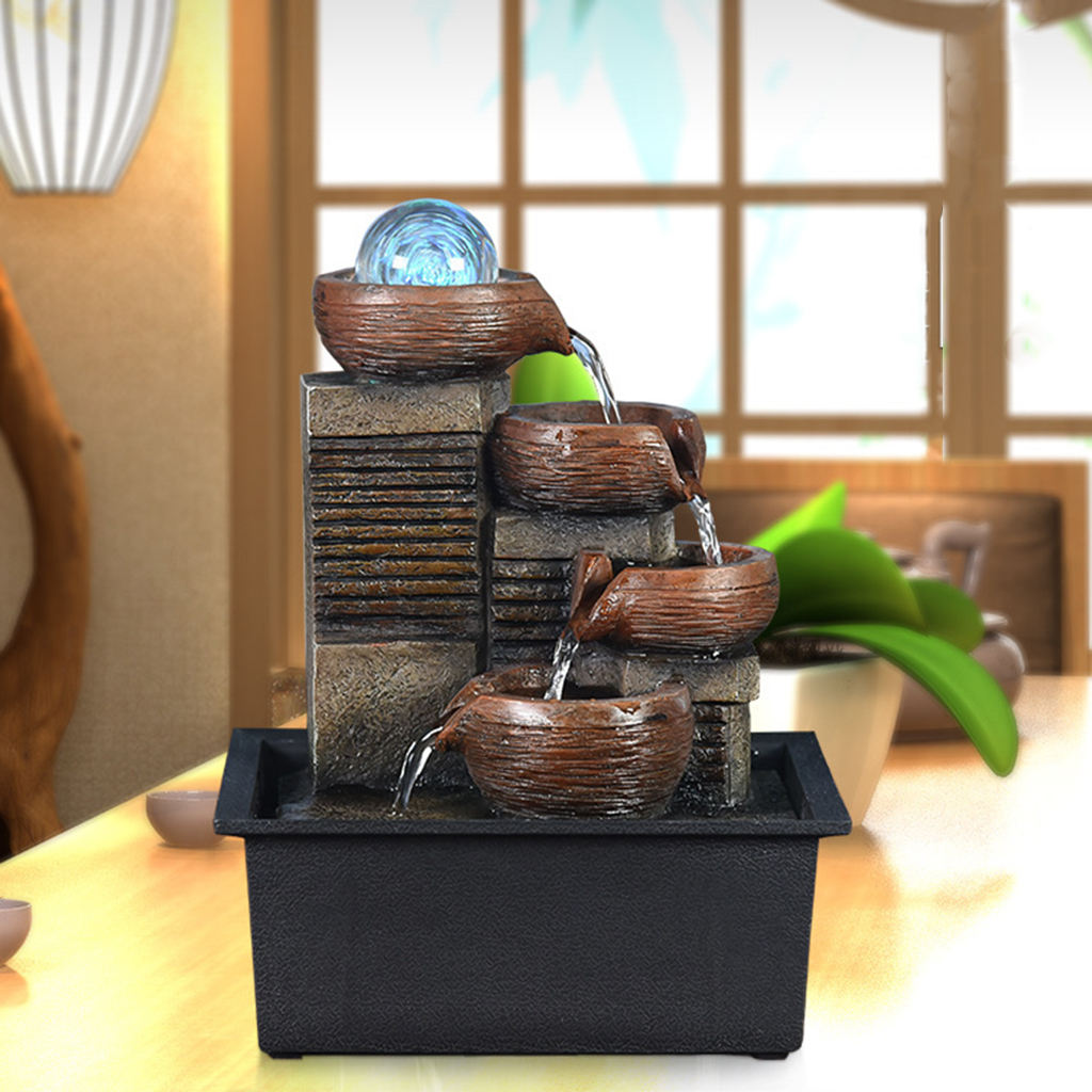 Desktop Fountain Running Water Home Tabletop Decoration Resin Landscape Ornament Decor With Light LED Rolling Ball