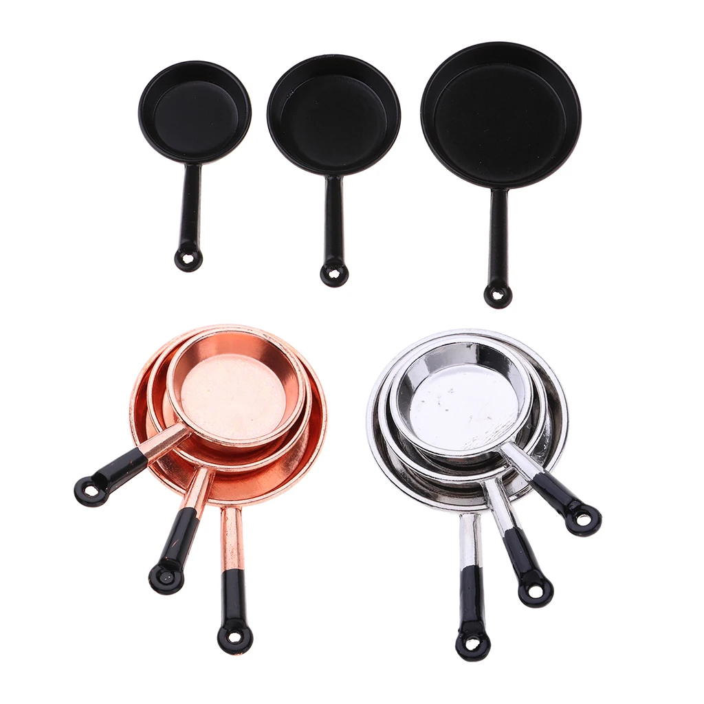 1/12 Miniature Cooking Pan Pot Dollhouse Kitchen Accessories - Kids Toy Mini Doll House Kitchen Cookware Utensil 3 Pieces