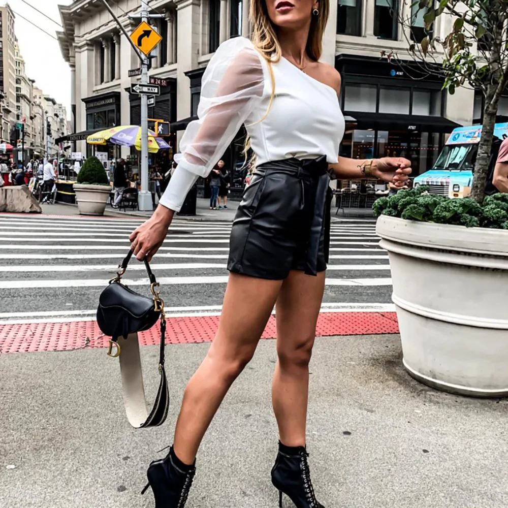 Women’s Autumn Winter Faux Leather Shorts Stylish High Waisted Solid Color Bow Tie Wide Leg Shorts for Female Ladies black shorts