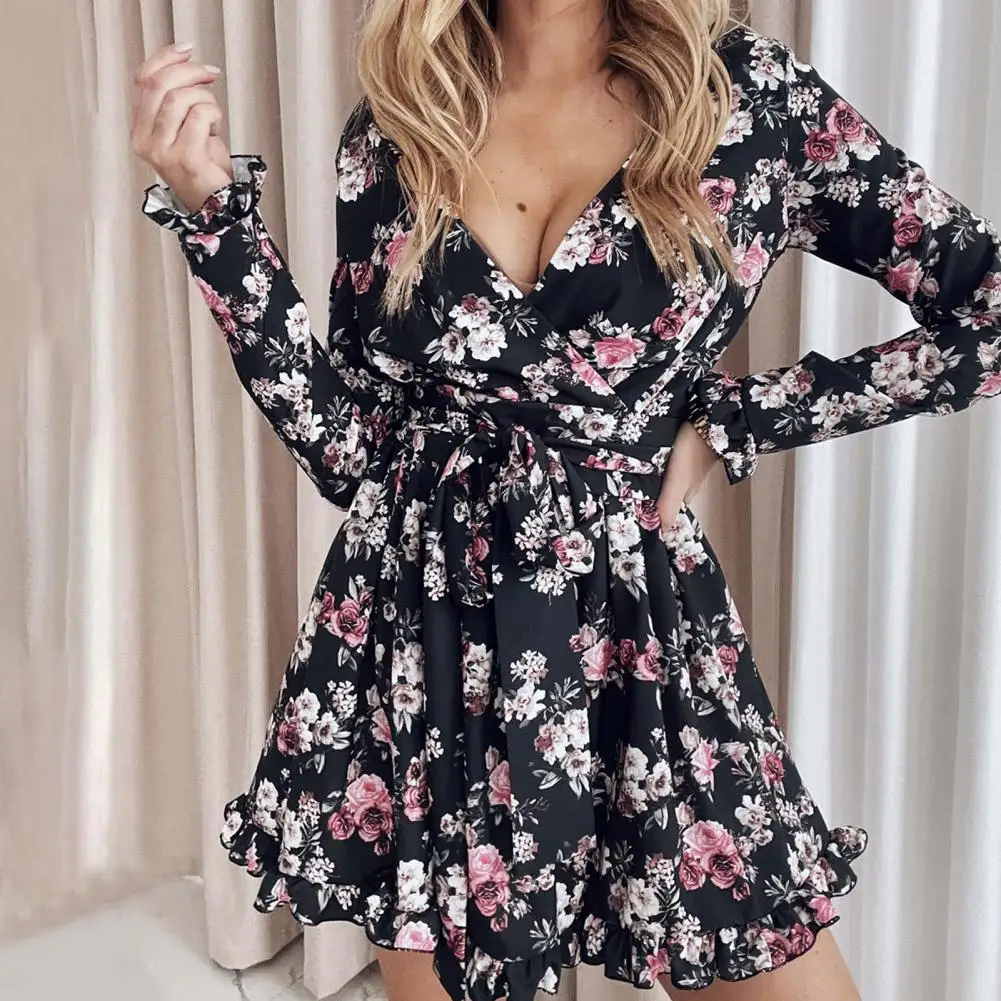 Floral ruffle dress women long sleeve frill neck sexy party beach dress backless ladies dress new boho dress 2021 lace bathing suit cover up