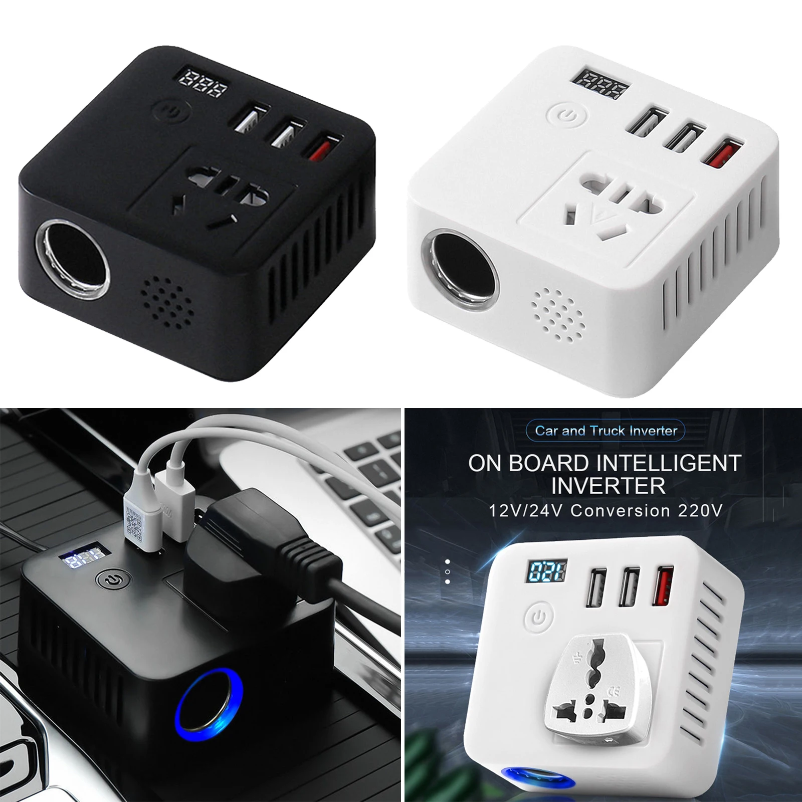 Compact 150W Car Power Inverter 12V to 220V AC for 12V/24V quick charge