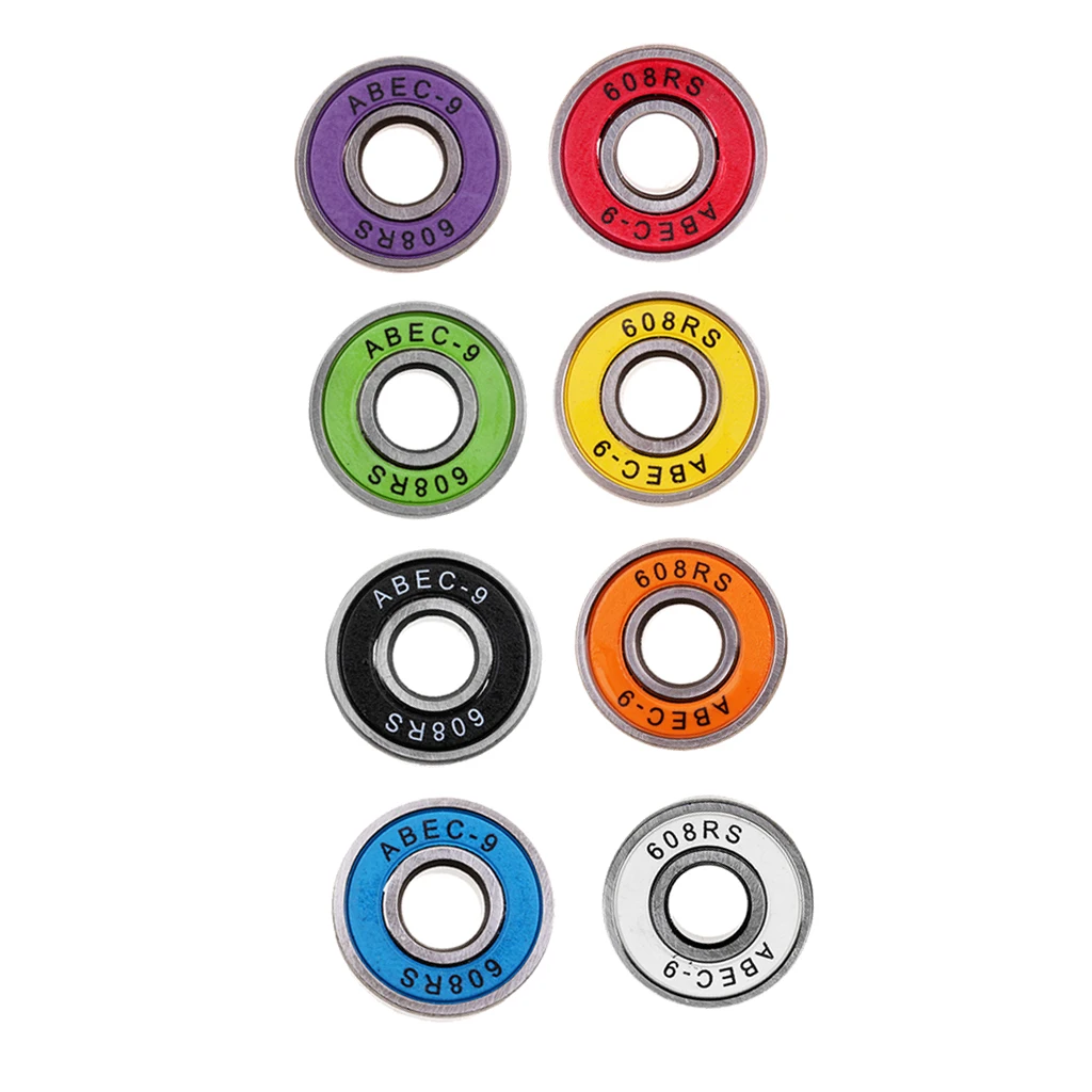 8 Pack Abec-9 Skateboard Bearings, 8mm 608rs, longboard/inline/hockey/roller