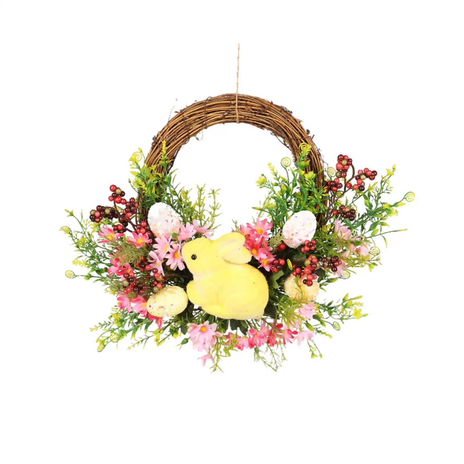 Artificial Easter Wreath Bunny Floral Easter Eggs String Lights Garland for Front Door Windows Wedding Party Wall Hanging
