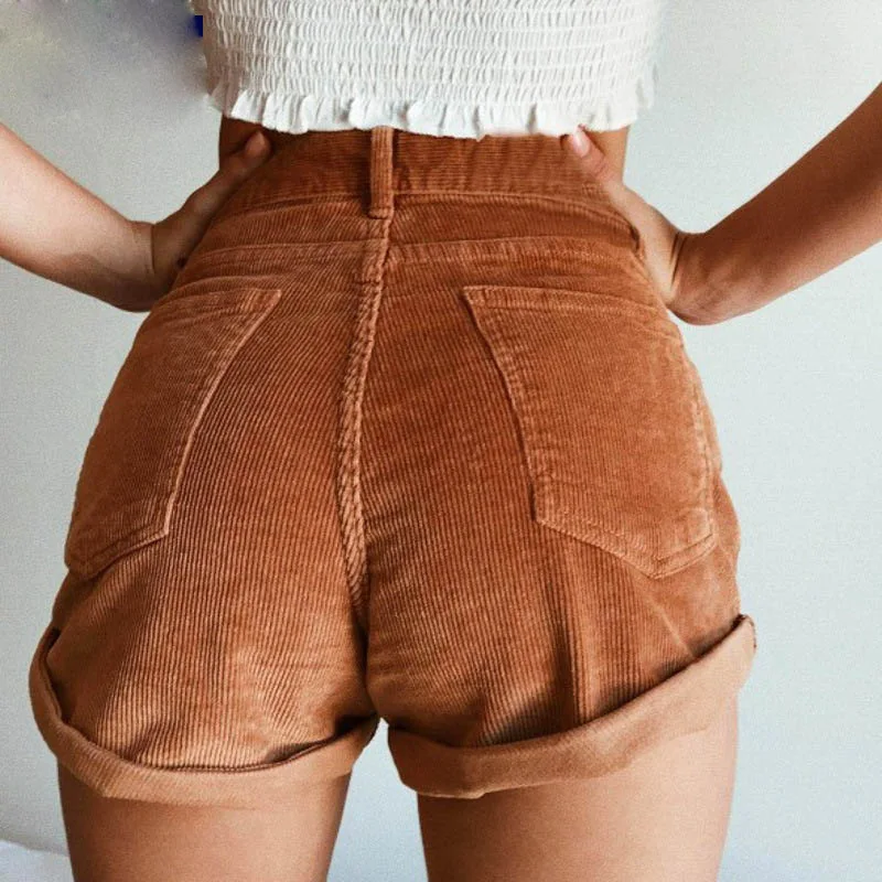 Women Sexy Solid Color Stretch Pants Tight High Waist Short Bottom Casual Brown Corduroy Curling Clothing Female Straight Short soffe shorts