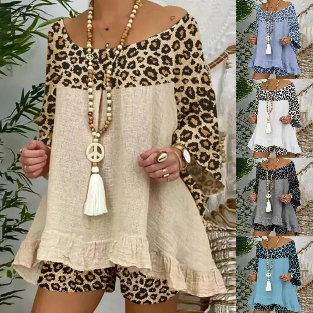 Summer Two Pieces Shorts Set Women Outfit Flare Sleeve Leopard Patchwork Slash Neck Plus Size T-shirt Loose Shorts Suits Casual midi skirt co ord