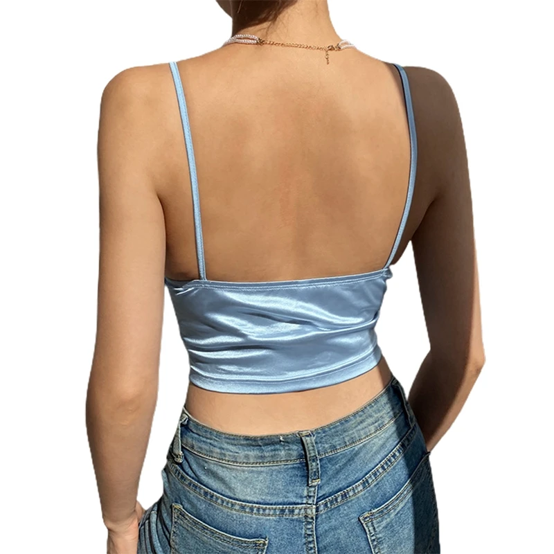 90s Blue Halter Top Y2K Aesthetic Summer Sleeveless Cropped Sexy Women Backless Camisole Tube Top E-girl Cute Sweet Streetwear