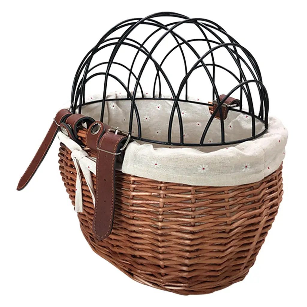 Bike Basket Wicker Hand-Woven with Leather Straps Bicycle Handlebar Basket Shopping Basket