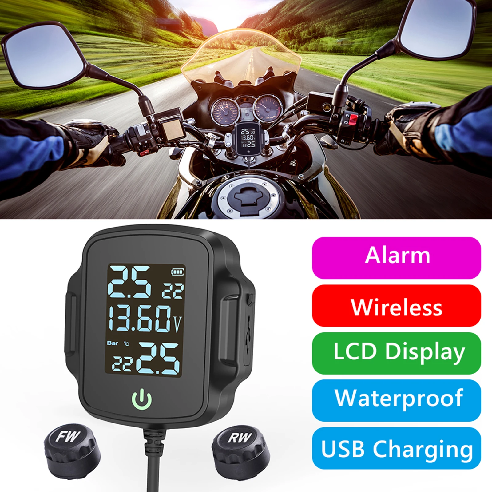 Motorcycle TPMS Wireless Tire Pressure Monitoring System, IP67 Waterproof, Easy to Install, 3.0 USB Charger for Phone Tablet