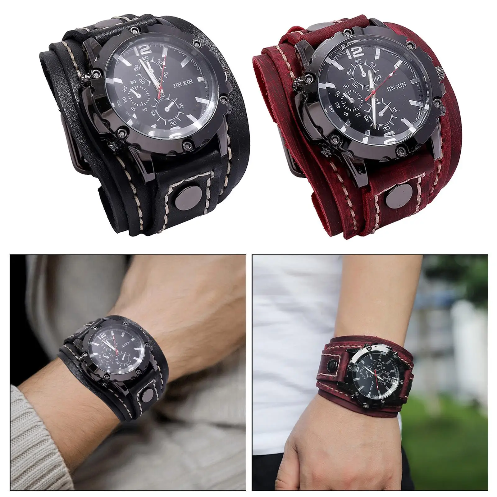 Retro Punk Men Wristwatch Male Watch Bangles Adjustable Leather Strap Watch Band Cuff Hybrid Design Comfortable for Men Male