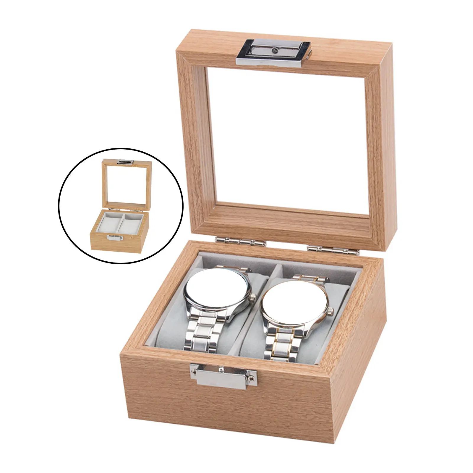 Wooden Watch Box Glass Lid Window Holds 2 Watches Detailed Lines Organizer for Men Women