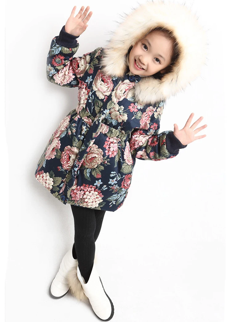 cheap jackets Winter Warm Girls Jacket 2021 Heavy Thicken Plus Fleece Long Style Hooded Flower Outerwear For Kids Coat Of Resistance To Cold waterproof coats & jackets