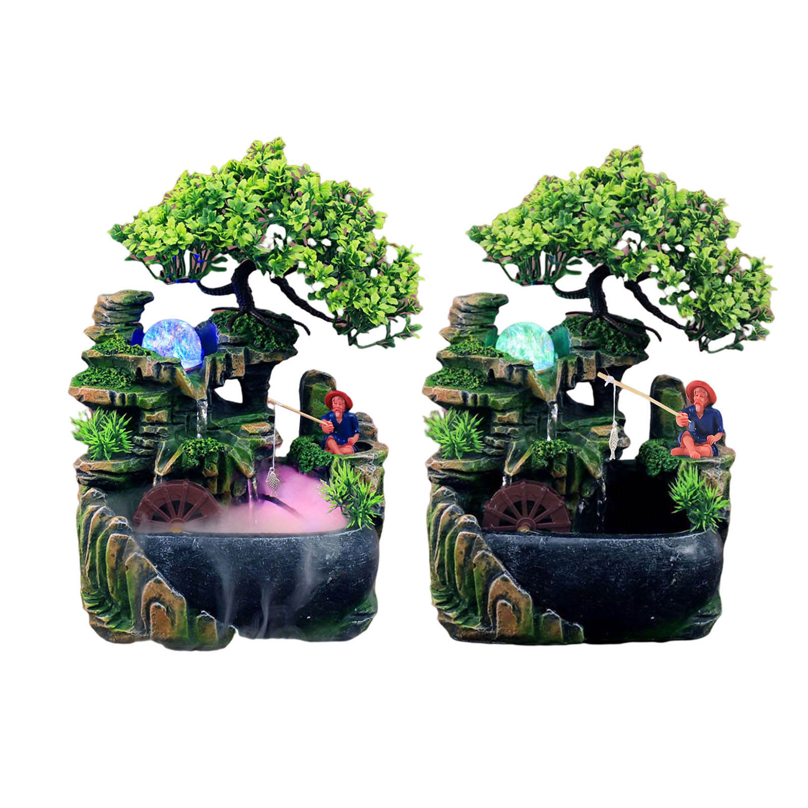 Indoor Tabletop Waterfall Fountain with Pump Rockery Fisherman Bonsai Statue Flowing Water Fountains Home Ornament