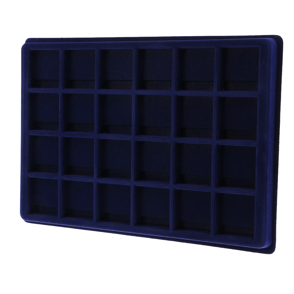 24 Grid Velvet Frame Series Display Tray Coin Case for Coin Display -Blue