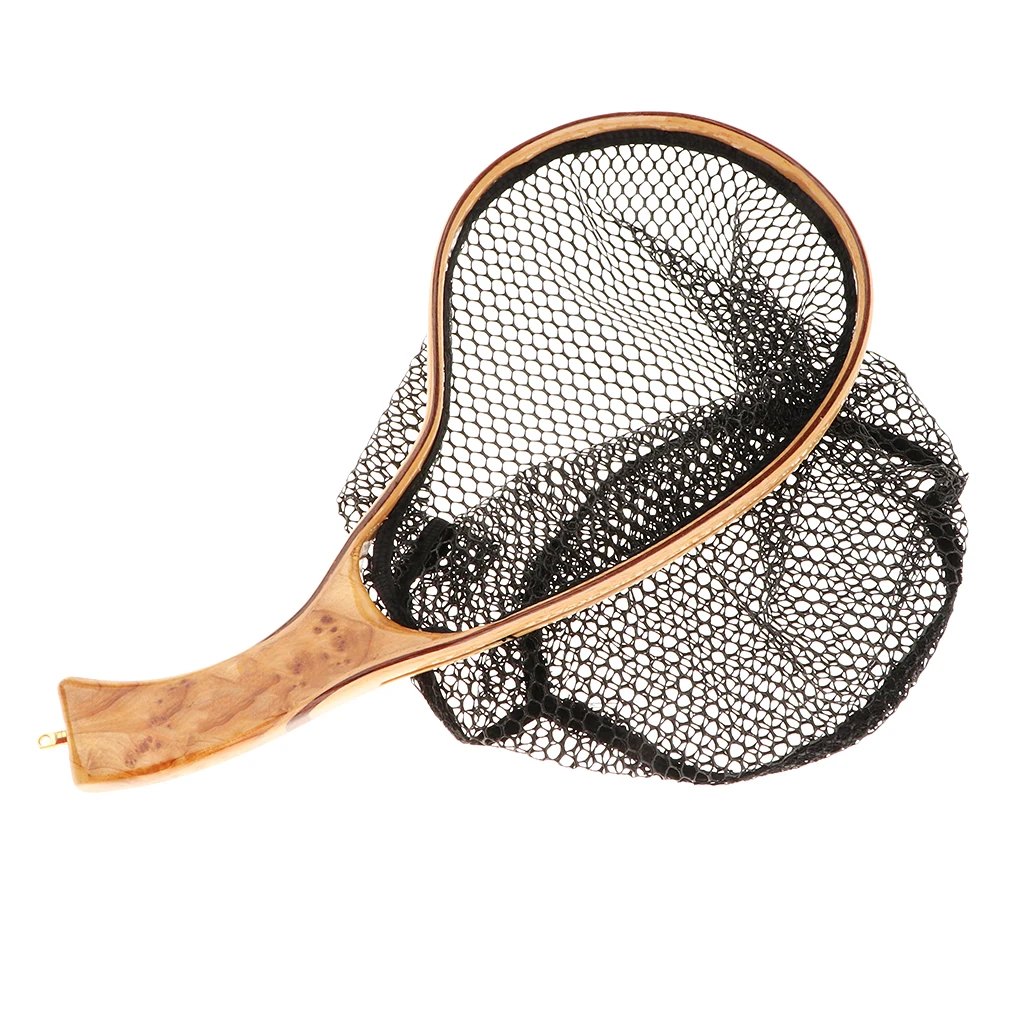 Wooden Handle Fly Fish Fishing Landing Trout Clear Rubber Net Mesh Catch Tackle